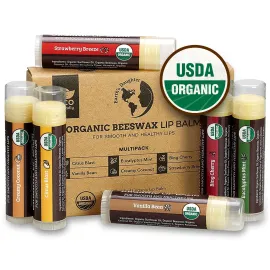 Earth\'s Daughter USDA Organic Lip Balm 6-Pack - Fruit Flavors, Beeswax, Coconut Oil, Vitamin E - Best Lip Repair Chapstick for Dry Cracked Lips - Moisturizing Lip Care