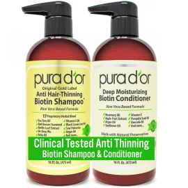 PURA D\'OR Anti-Thinning Biotin Shampoo & Deep Moisturizing Conditioner Original Gold Label Set (16oz x2) Natural Earthy Scent, CLINICALLY TESTED Effective Results, Hair Thickening Product, Women & Men