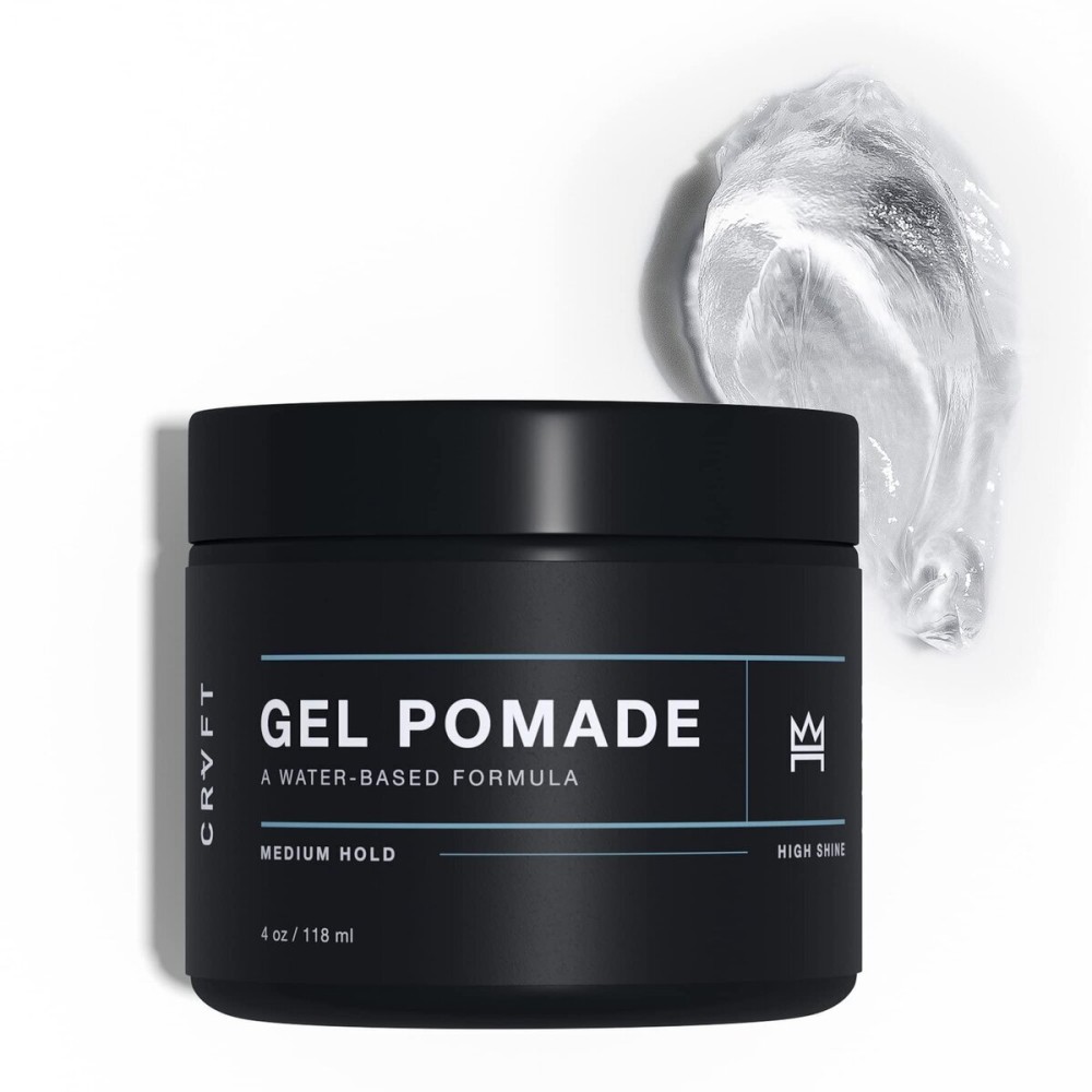 CRVFT Gel Pomade 4oz | High Shine/Medium Hold | Water Based/Water Soluble | Ideal For Short/Medium Thin/Thick Hair | For A Clean Cut Look | Mens Styling Product [Clear], Stylist Approved [Scented]