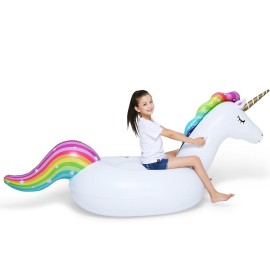 Jasonwell Big Inflatable Unicorn Pool Float Floatie Ride On with Fast Valves Large Rideable Blow Up Summer Beach Swimming Pool Party Lounge Raft Decorations Toys for Kids Adults