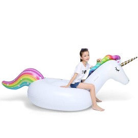 Jasonwell Big Inflatable Unicorn Pool Float Floatie Ride On with Fast Valves Large Rideable Blow Up Summer Beach Swimming Pool Party Lounge Raft Decorations Toys for Kids Adults