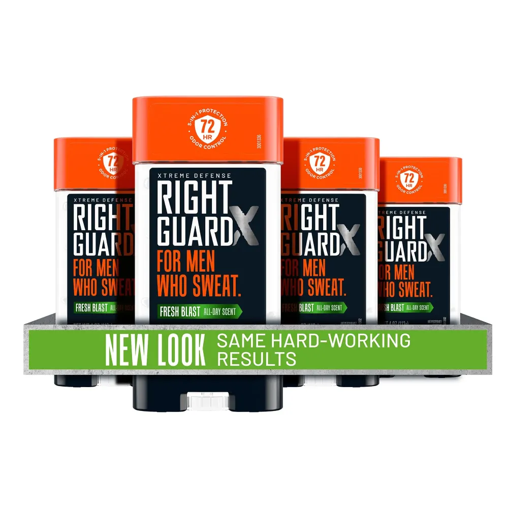 Right Guard Xtreme Defense Antiperspirant & Deodorant Gel, 5-in-1 Protection For Men, Blocks Sweat 2X Longer, 72-Hour Odor Control, Fresh Blast Scent, 4 oz. (4 count)(Packaging May Vary) Right Guard Xtreme Defense Antiperspirant & Deodorant Gel, 5-in-1 Protection For Men, Blocks Sweat 2X Longer, 72-Hour Odor Control, Fresh Blast Scent, 4 oz. (4 count)(Packaging May Vary)