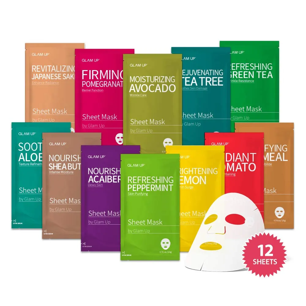 GLAM UP Premium Facial Sheet Mask 12 Combo (Pack of 12) | Clean Face Masks Skincare, Hydrating Face Masks, Moisturizing, Soothing, Beauty Mask For All Skin Type Variety Beauty Mask Set GLAM UP Premium Facial Sheet Mask 12 Combo (Pack of 12) | Clean Face Masks Skincare, Hydrating Face Masks, Moisturizing, Soothing, Beauty Mask For All Skin Type Variety Beauty Mask Set