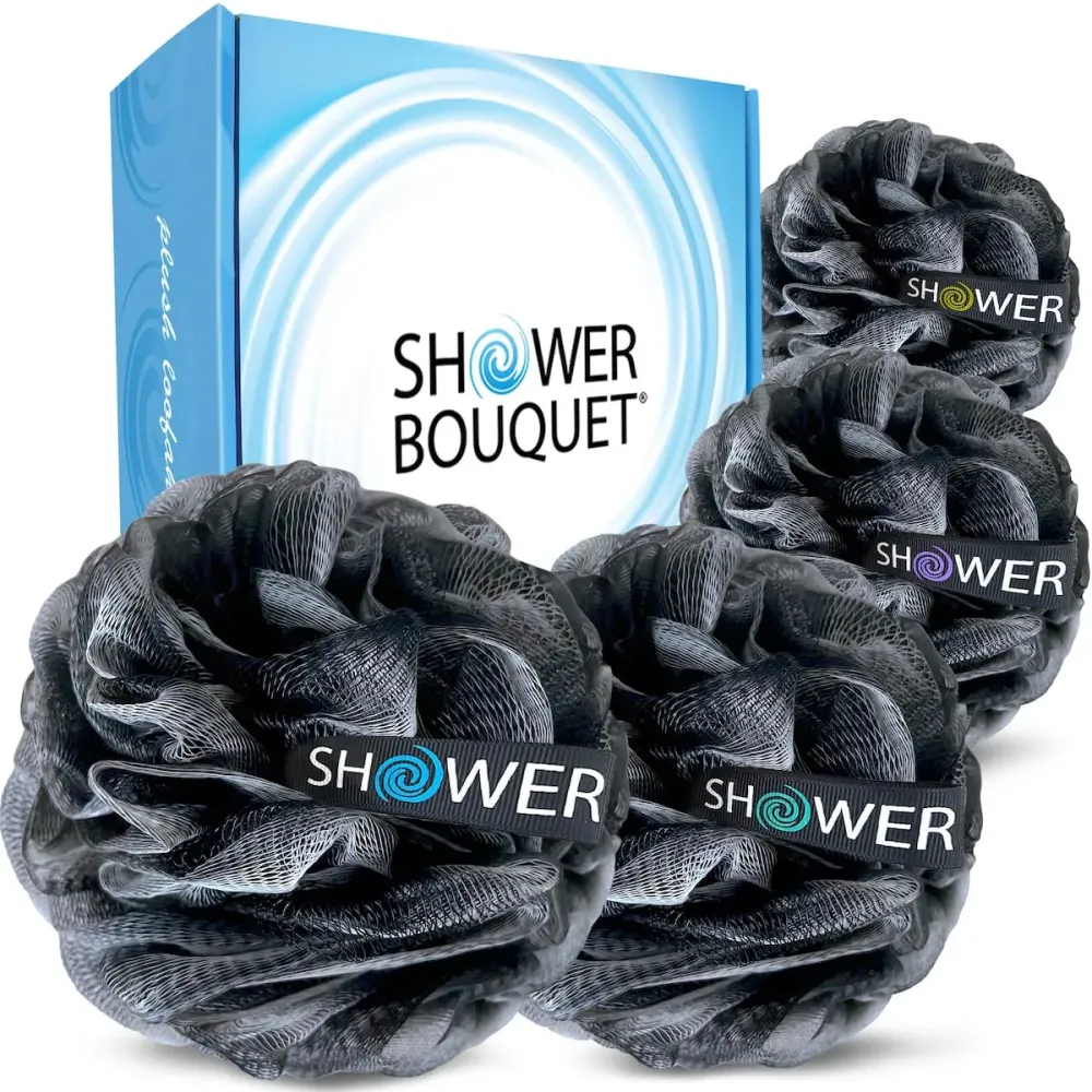 SHOWER BOUQUET Loofah-Charcoal Bath-Sponge-4-Pack // Extra-Large 75g Soft Mesh Black Loofa Lufa Loufa Luffa Puff Set/Exfoliating Body Scrubber for Women and Men - Exfoliate & Soothe Face & Body SHOWER BOUQUET Loofah-Charcoal Bath-Sponge-4-Pack // Extra-Large 75g Soft Mesh Black Loofa Lufa Loufa Luffa Puff Set/Exfoliating Body Scrubber for Women and Men - Exfoliate & Soothe Face & Body