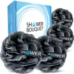 SHOWER BOUQUET Loofah-Charcoal Bath-Sponge-4-Pack // Extra-Large 75g Soft Mesh Black Loofa Lufa Loufa Luffa Puff Set/Exfoliating Body Scrubber for Women and Men - Exfoliate & Soothe Face & Body