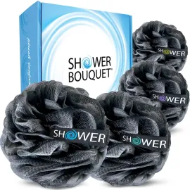 SHOWER BOUQUET Loofah-Charcoal Bath-Sponge-4-Pack // Extra-Large 75g Soft Mesh Black Loofa Lufa Loufa Luffa Puff Set/Exfoliating Body Scrubber for Women and Men - Exfoliate & Soothe Face & Body