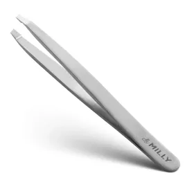 By MILLY Professional Slanted Tweezers for Women & Men | High Carbon Stainless Steel Sharp Tweezers | Women\'s Facial Hair Plucking, Hand-Filed & Aligned Precision Slant Tips - Silver