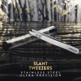 By MILLY Professional Slanted Tweezers for Women & Men | High Carbon Stainless Steel Sharp Tweezers | Women\'s Facial Hair Plucking, Hand-Filed & Aligned Precision Slant Tips - Silver By MILLY Professional Slanted Tweezers for Women & Men | High Carbon Stainless Steel Sharp Tweezers | Women\'s Facial Hair Plucking, Hand-Filed & Aligned Precision Slant Tips - Silver