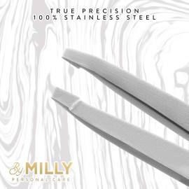By MILLY Professional Slanted Tweezers for Women & Men | High Carbon Stainless Steel Sharp Tweezers | Women\'s Facial Hair Plucking, Hand-Filed & Aligned Precision Slant Tips - Silver By MILLY Professional Slanted Tweezers for Women & Men | High Carbon Stainless Steel Sharp Tweezers | Women\'s Facial Hair Plucking, Hand-Filed & Aligned Precision Slant Tips - Silver