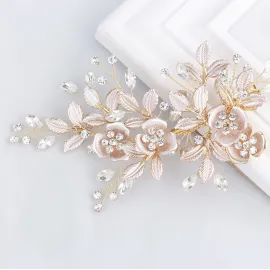 SWEETV Light Rose Gold Wedding Clip Rhinestone Bridal Comb Barrette - Handmade Flower Clip Head Pieces for Women