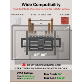 USX Mount Full Motion TV Wall Mount for Most 42-86 inch Flat Screen/LED/4K, TV Mount Bracket Dual Swivel Articulating Tilt 6 Arms, Fits 8 12 16 Wood Studs,Max VESA 600x400mm, Holds up to 132lbs USX Mount Full Motion TV Wall Mount for Most 42-86 inch Flat Screen/LED/4K, TV Mount Bracket Dual Swivel Articulating Tilt 6 Arms, Fits 8 12 16 Wood Studs,Max VESA 600x400mm, Holds up to 132lbs