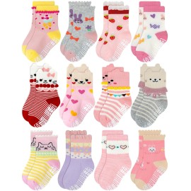 RATIVE Non Skid Anti Slip Cotton Dress Crew Socks with Grips for Baby Infant Toddler Kids Girls (3-5T, RG-820821)