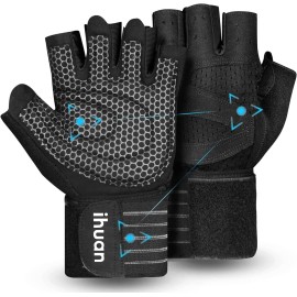 ihuan Ventilated Weight Lifting Gym Workout Gloves with Wrist Wrap Support for Men & Women, Full Palm Protection, for Weightlifting, Training, Fitness, Hanging, Pull ups