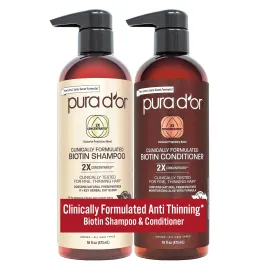 PURA D\'OR Professional Grade Clinically Formulated Biotin Shampoo & Conditioner For Hair Thinning - 2X Concentrated Proprietary Herbal Blend Thickening Products For Women & Men, Sulfate Free, 16oz x2