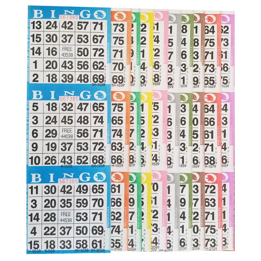 American Games Bingo Paper Game Cards - 3 Card - 10 Bingo Sheets - 100 Books - 10 Colors, Made in USA American Games Bingo Paper Game Cards - 3 Card - 10 Bingo Sheets - 100 Books - 10 Colors, Made in USA