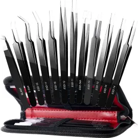 Antonki 12 Pack Precision Tweezers Set, Point and Slant Metal Tweezer Kits for Craft, Soldering, Jewelry, Ingrown Hair, Eyelash Extension, Eyebrow - with Case