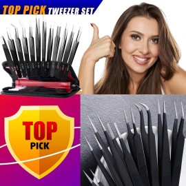 Antonki 12 Pack Precision Tweezers Set, Point and Slant Metal Tweezer Kits for Craft, Soldering, Jewelry, Ingrown Hair, Eyelash Extension, Eyebrow - with Case