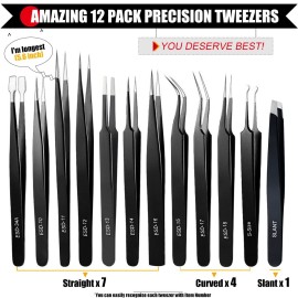 Antonki 12 Pack Precision Tweezers Set, Point and Slant Metal Tweezer Kits for Craft, Soldering, Jewelry, Ingrown Hair, Eyelash Extension, Eyebrow - with Case