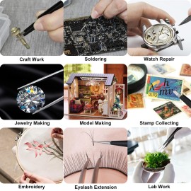 Antonki 12 Pack Precision Tweezers Set, Point and Slant Metal Tweezer Kits for Craft, Soldering, Jewelry, Ingrown Hair, Eyelash Extension, Eyebrow - with Case