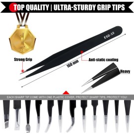 Antonki 12 Pack Precision Tweezers Set, Point and Slant Metal Tweezer Kits for Craft, Soldering, Jewelry, Ingrown Hair, Eyelash Extension, Eyebrow - with Case