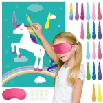 FEPITO Pin The Horn on Unicorn-game for Kids Birthday Party Game with 24 Horn Stickers Birthday Poster for Kids Unicorn-Birthday Girls Rainbow Party Favors Supplies Decoration Home Wall Decor Backdrop