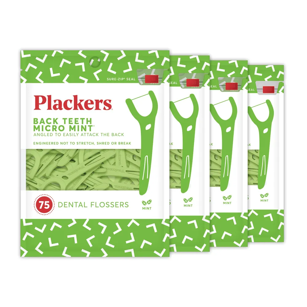 Plackers Back Teeth Micro Mint Dental Flossers, Delicious Mint Flavor, Provides Easy Access for Back Teeth, Built-in Protected Pick, Easy Storage, 75 Count, Pack of 4 Plackers Back Teeth Micro Mint Dental Flossers, Delicious Mint Flavor, Provides Easy Access for Back Teeth, Built-in Protected Pick, Easy Storage, 75 Count, Pack of 4