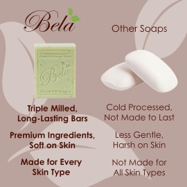BELA Sandalwood Soap 3.3 OZ, Pack of 6 French Triple Milled Bar Soap with Organic Shea Butter, Hand, Face and Body Wash Bar, Made in Australia