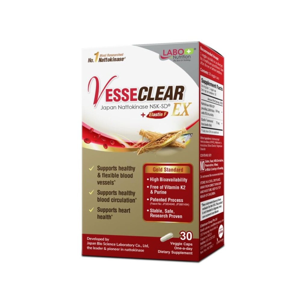 LABO Nutrition VesseCLEAR EX: Nattokinase NSK-SD+Elastin F for Clean & Flexible Blood Vessel. Japan\'s Most Research Proven, Functional Dose, Acid-Resistant/Delayed Release Capsules LABO Nutrition VesseCLEAR EX: Nattokinase NSK-SD+Elastin F for Clean & Flexible Blood Vessel. Japan\'s Most Research Proven, Functional Dose, Acid-Resistant/Delayed Release Capsules