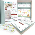 Baby Memory Book w/Keepsake Box & 30 Monthly & Baby First Milestone Stickers - Gender Neutral First Year Scrapbook Journal - Baby Photo Album for Boys