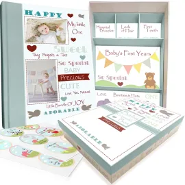 Baby Memory Book w/Keepsake Box & 30 Monthly & Baby First Milestone Stickers - Gender Neutral First Year Scrapbook Journal - Baby Photo Album for Boys