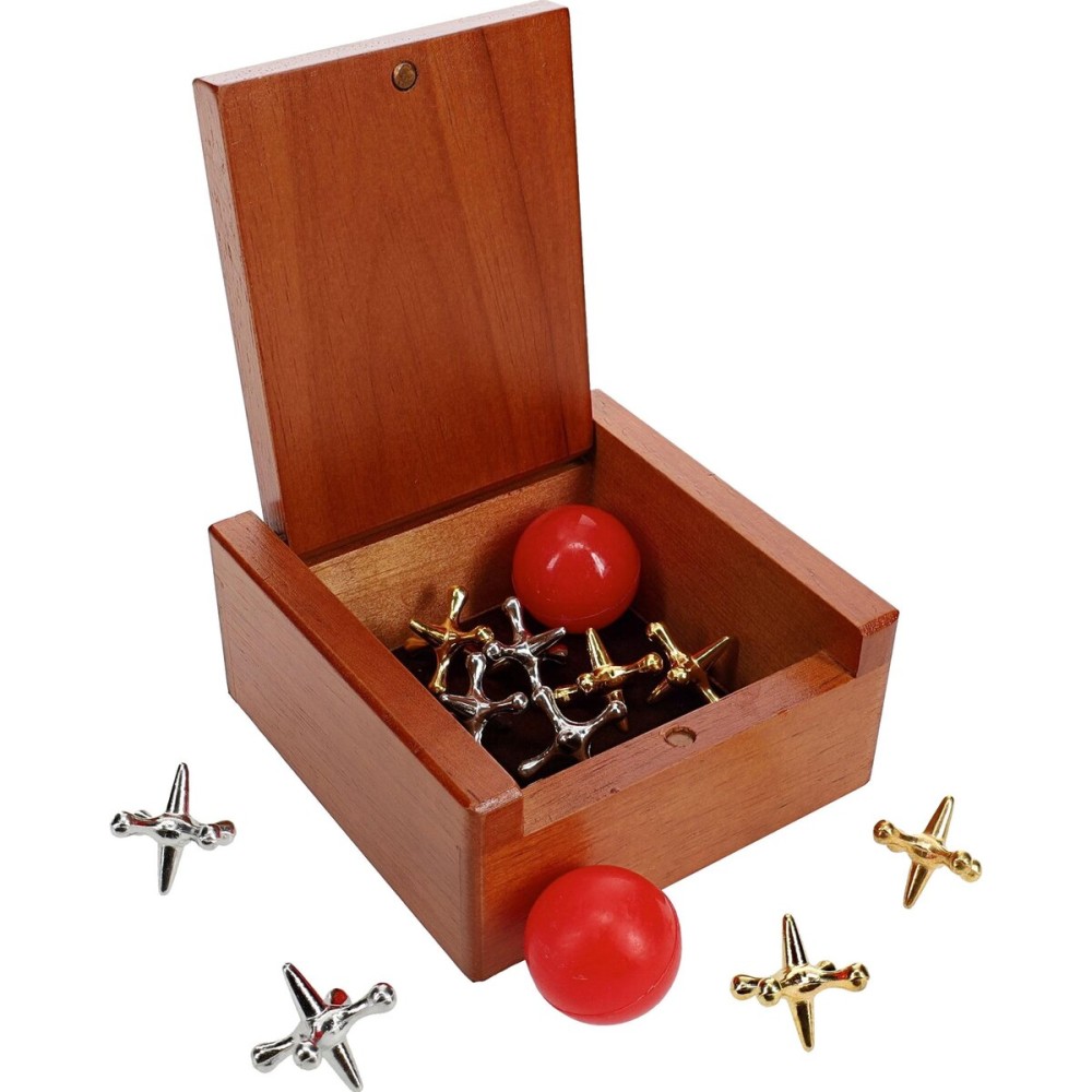 WE Games Metal Jacks Set - Classic Jacks Game with 2 Red Balls in Keepsake Wooden Box - Nostalgic Floor Game