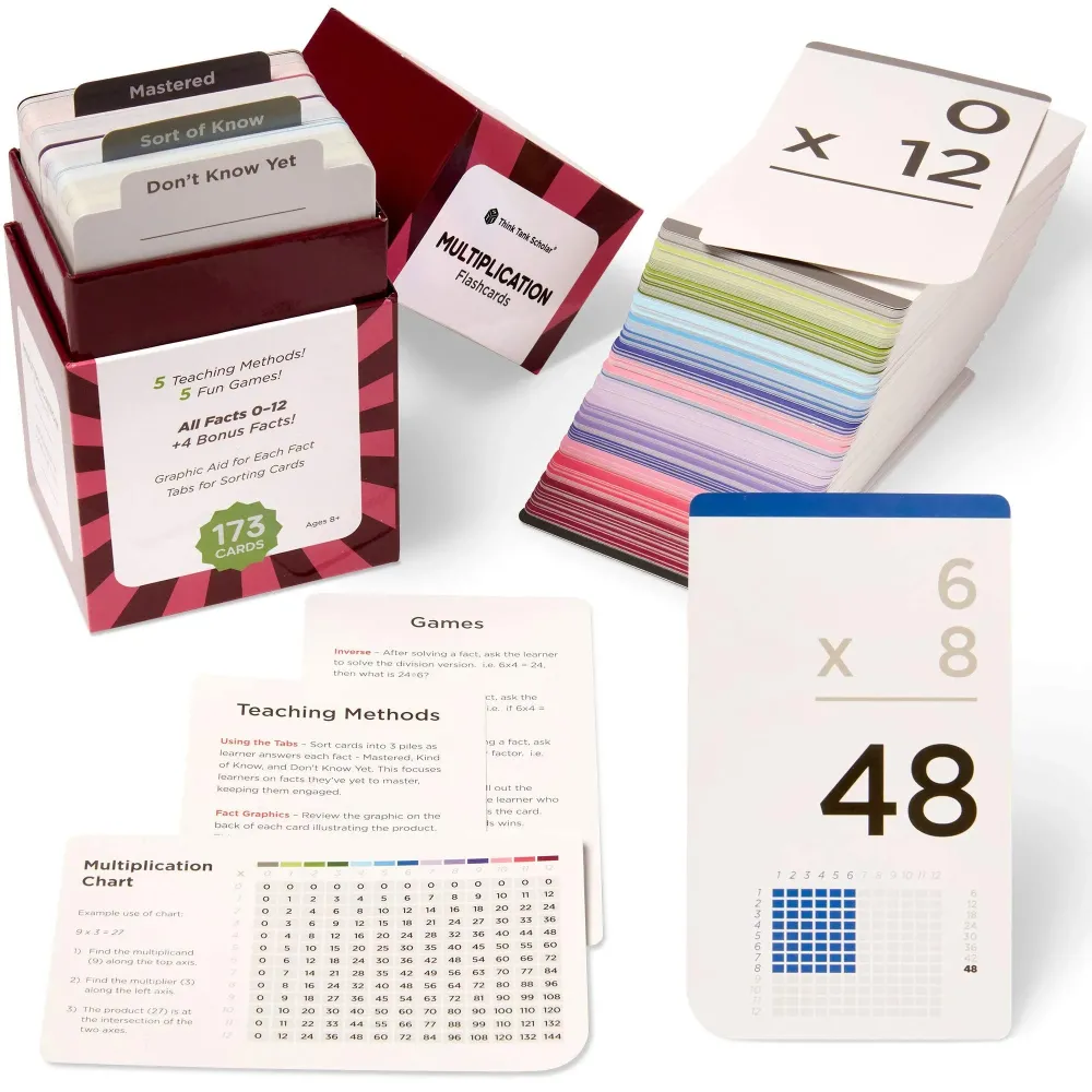 Think Tank Scholar 173 Multiplication Flash Cards Set (Award Winning) All Facts 0-12 Answer on Back, for Kids in 2ND, 3RD, 4TH, 5TH, 6TH Grade Class or Homeschool - Learn Manipulatives, Games & Chart Think Tank Scholar 173 Multiplication Flash Cards Set (Award Winning) All Facts 0-12 Answer on Back, for Kids in 2ND, 3RD, 4TH, 5TH, 6TH Grade Class or Homeschool - Learn Manipulatives, Games & Chart