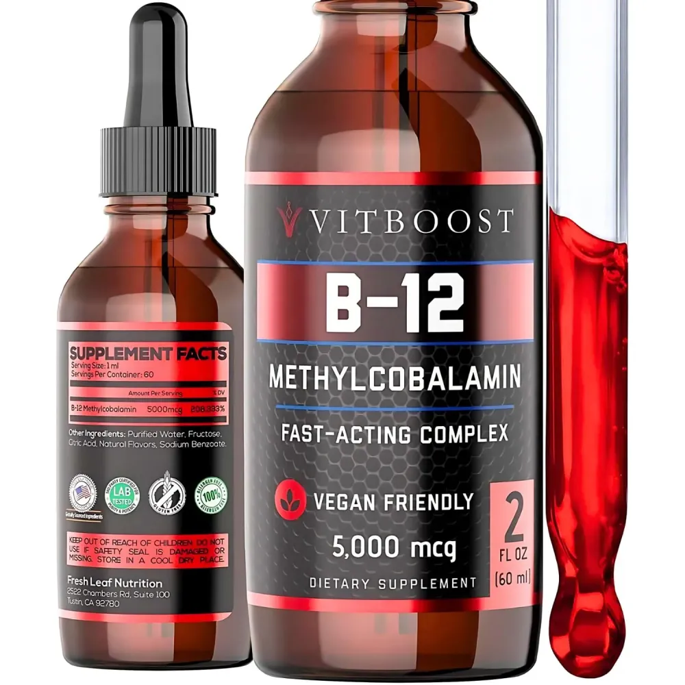VITBOOST Vegan Liquid B-12 Drops - 60 x 5000 mcg Extra Strength Raspberry Flavored Vitamin B12 Liquid Methylcobalamin sublingual Supplement | Designed to Maximize Absorption & Energy | Gluten Free VITBOOST Vegan Liquid B-12 Drops - 60 x 5000 mcg Extra Strength Raspberry Flavored Vitamin B12 Liquid Methylcobalamin sublingual Supplement | Designed to Maximize Absorption & Energy | Gluten Free