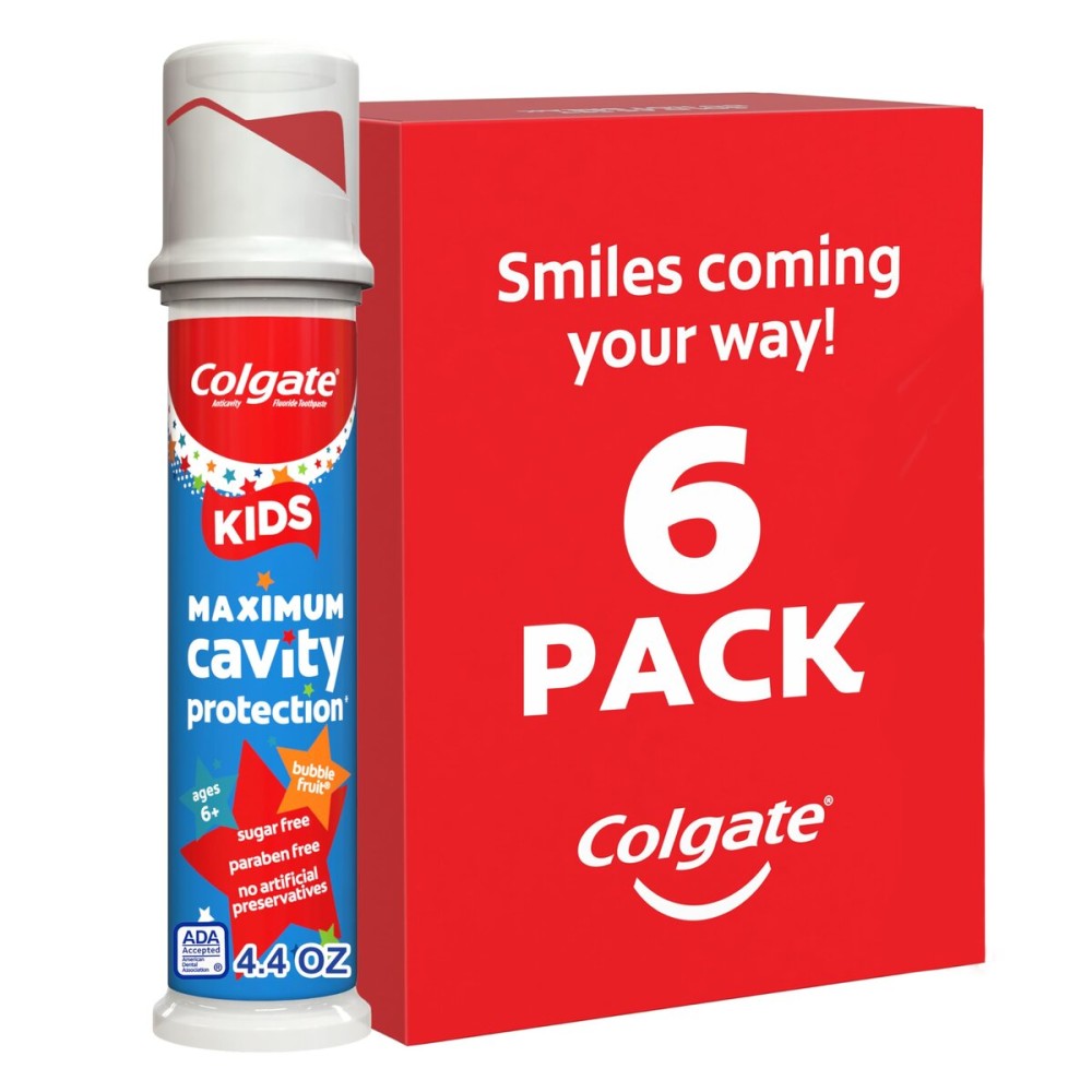 Colgate Kids Toothpaste Pump with Fluoride, Anticavity & Cavity Protection Toothpaste, For Ages 6+, Mild Bubble Fruit Flavor, 4.4 Ounce, 6 Pack Colgate Kids Toothpaste Pump with Fluoride, Anticavity & Cavity Protection Toothpaste, For Ages 6+, Mild Bubble Fruit Flavor, 4.4 Ounce, 6 Pack