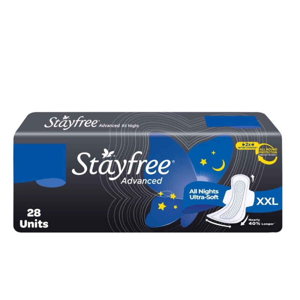 Stayfree Advanced Extra Large All Night Soft Cover Sanitary Pads For Women With Wings, 28 Pads Stayfree Advanced Extra Large All Night Soft Cover Sanitary Pads For Women With Wings, 28 Pads