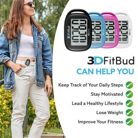 3DFitBud Simple Step Counter Walking 3D Pedometer from 3DActive with Clip & Lanyard - A420S - Black