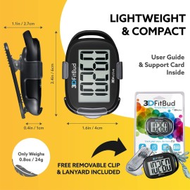 3DFitBud Simple Step Counter Walking 3D Pedometer from 3DActive with Clip & Lanyard - A420S - Black