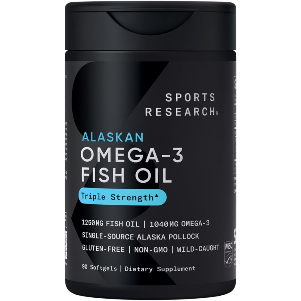 Sports Research Triple Strength Omega 3 Fish Oil - Burpless Fish Oil Supplement w/EPA & DHA Fatty Acids from Single-Source Wild Alaskan Pollock - 1250 mg, 90 ct Sports Research Triple Strength Omega 3 Fish Oil - Burpless Fish Oil Supplement w/EPA & DHA Fatty Acids from Single-Source Wild Alaskan Pollock - 1250 mg, 90 ct