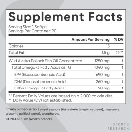Sports Research Triple Strength Omega 3 Fish Oil - Burpless Fish Oil Supplement w/EPA & DHA Fatty Acids from Single-Source Wild Alaskan Pollock - 1250 mg, 90 ct Sports Research Triple Strength Omega 3 Fish Oil - Burpless Fish Oil Supplement w/EPA & DHA Fatty Acids from Single-Source Wild Alaskan Pollock - 1250 mg, 90 ct