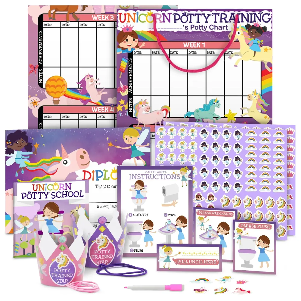 Potty Training Chart for Toddlers Girls, Unicorn Design - Sticker Chart, 4 Week Reward Chart - 213 Cute Stickers, Certificate, Instruction Booklet & Motivational Cards - Bonus Celebratory Crown Potty Training Chart for Toddlers Girls, Unicorn Design - Sticker Chart, 4 Week Reward Chart - 213 Cute Stickers, Certificate, Instruction Booklet & Motivational Cards - Bonus Celebratory Crown
