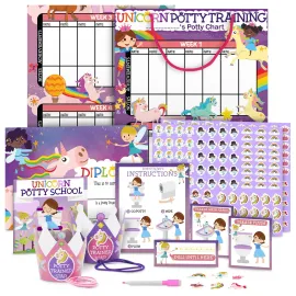 Potty Training Chart for Toddlers Girls, Unicorn Design - Sticker Chart, 4 Week Reward Chart - 213 Cute Stickers, Certificate, Instruction Booklet & Motivational Cards - Bonus Celebratory Crown