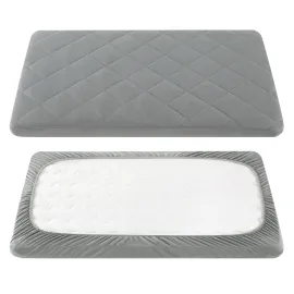 TILLYOU Pack and Play Sheet - Soft Quilted Crib Cover Pad, Toddlers Mattress Protector with 1\'\'-3\'\' Deep Pocket, Thick Play Yard Playpen Sheets, Breathable Fluffy Crib Mattress Pad, 39x27, Grey