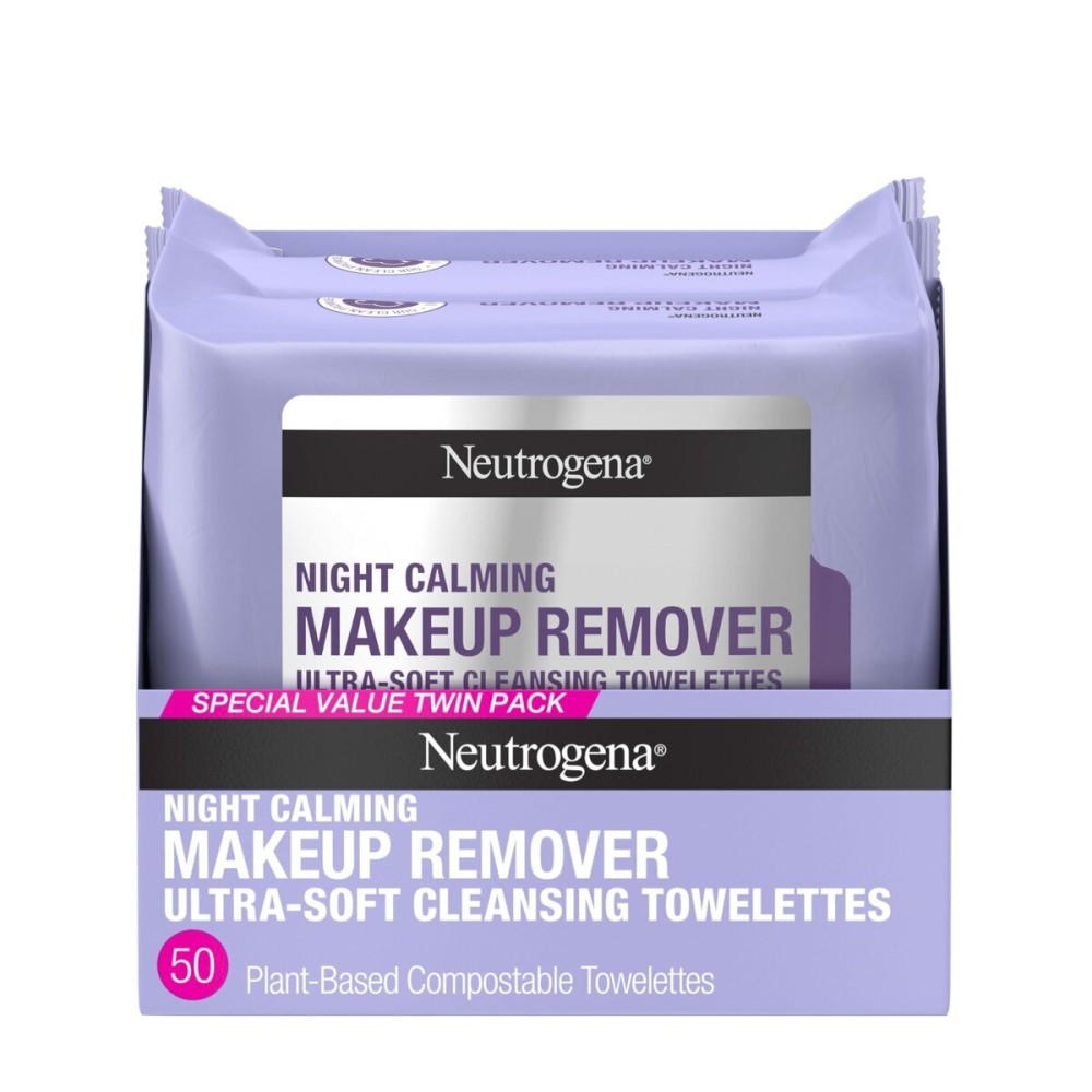 Neutrogena Night Calming Makeup Remover Face Wipes, Nighttime Cleansing Towelettes Remove Sweat, Dirt & Makeup & Calms Skin, Hypoallergenic, 100% Plant Based Cloth, 50 Count (2 Packs of 25) Neutrogena Night Calming Makeup Remover Face Wipes, Nighttime Cleansing Towelettes Remove Sweat, Dirt & Makeup & Calms Skin, Hypoallergenic, 100% Plant Based Cloth, 50 Count (2 Packs of 25)
