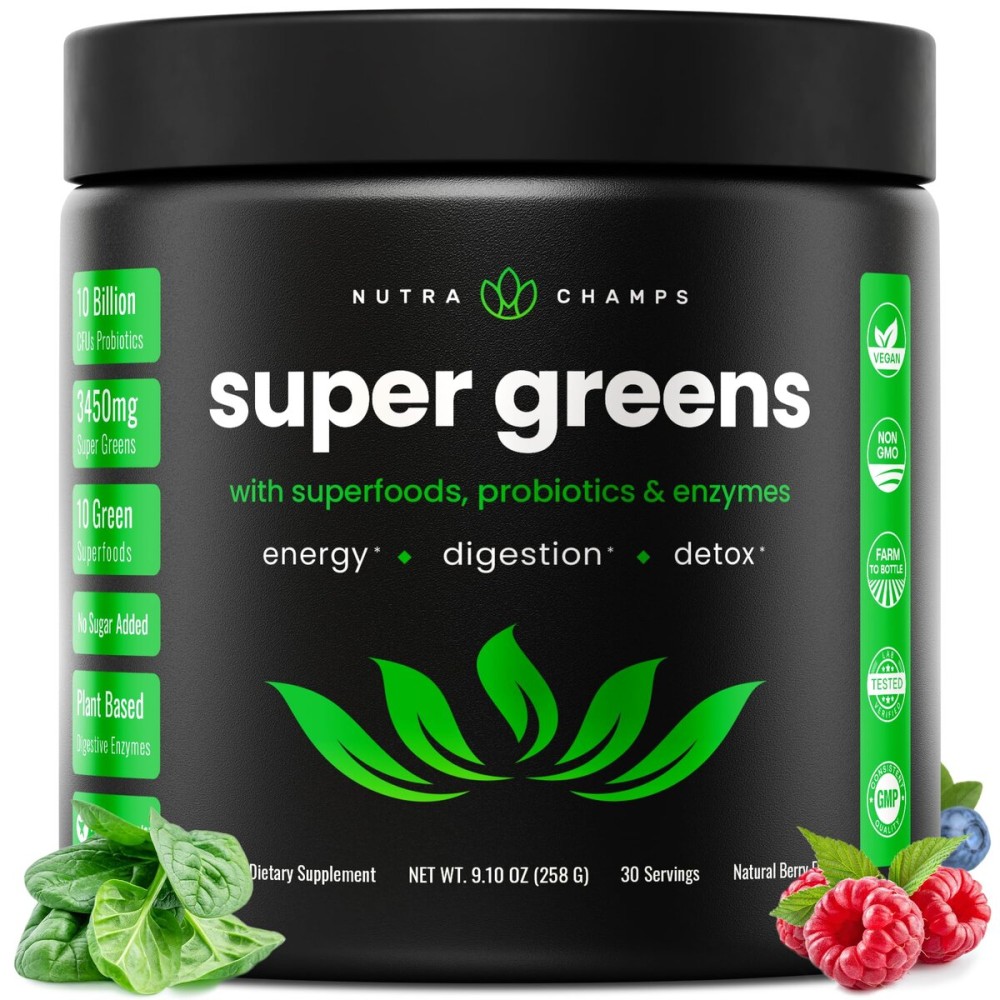 NutraChamps Super Greens Powder Premium Superfood | 20+ Organic Green Veggie Whole Foods | Wheat Grass, Spirulina, Chlorella | Antioxidant, Digestive Enzyme & Probiotic Blends (9.0 Oz, Berry) NutraChamps Super Greens Powder Premium Superfood | 20+ Organic Green Veggie Whole Foods | Wheat Grass, Spirulina, Chlorella | Antioxidant, Digestive Enzyme & Probiotic Blends (9.0 Oz, Berry)