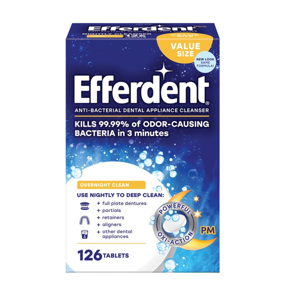 Efferdent Retainer Cleaning Tablets, Denture Cleaning Tablets for Dental Appliances, Overnight Whitening, 126 Count Efferdent Retainer Cleaning Tablets, Denture Cleaning Tablets for Dental Appliances, Overnight Whitening, 126 Count