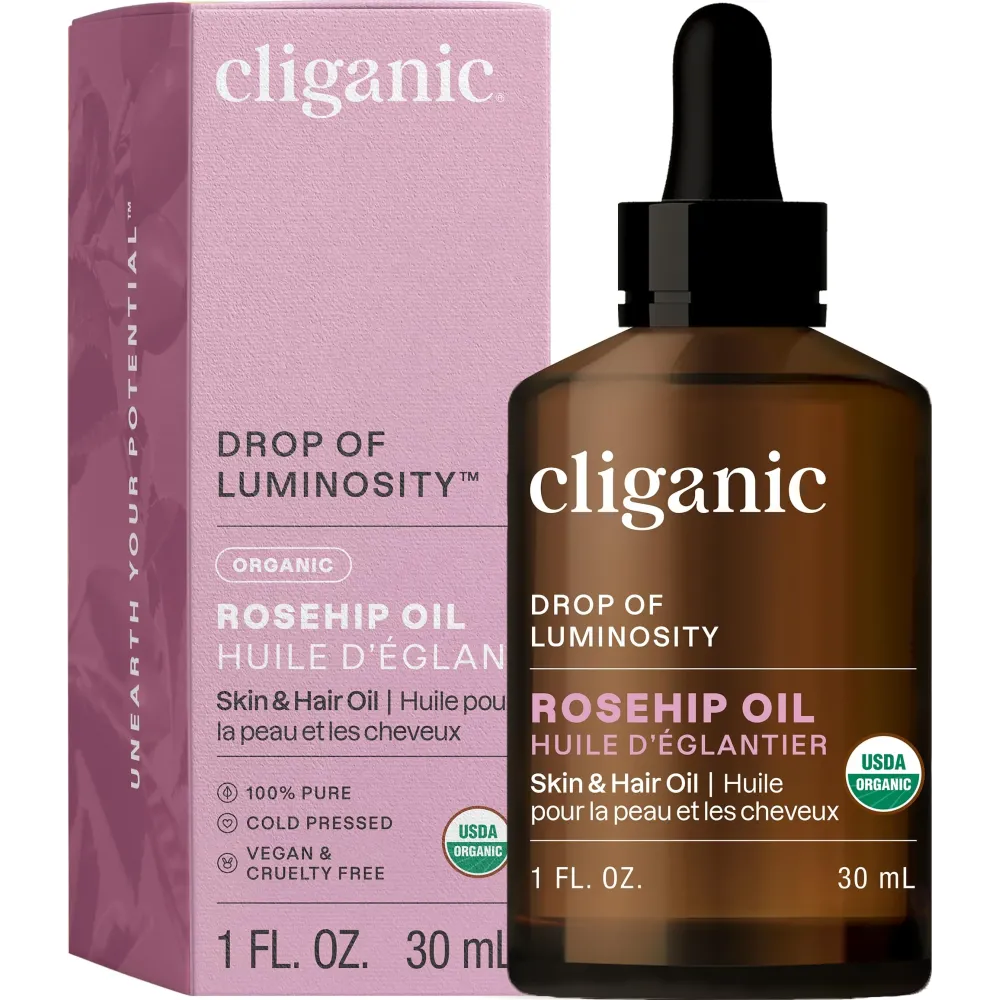 Cliganic Organic Rosehip Seed Oil for Face, 100% Pure | Natural Cold Pressed Unrefined Non-GMO | Carrier Oil for Skin, Hair & Nails (Packaging May Vary)