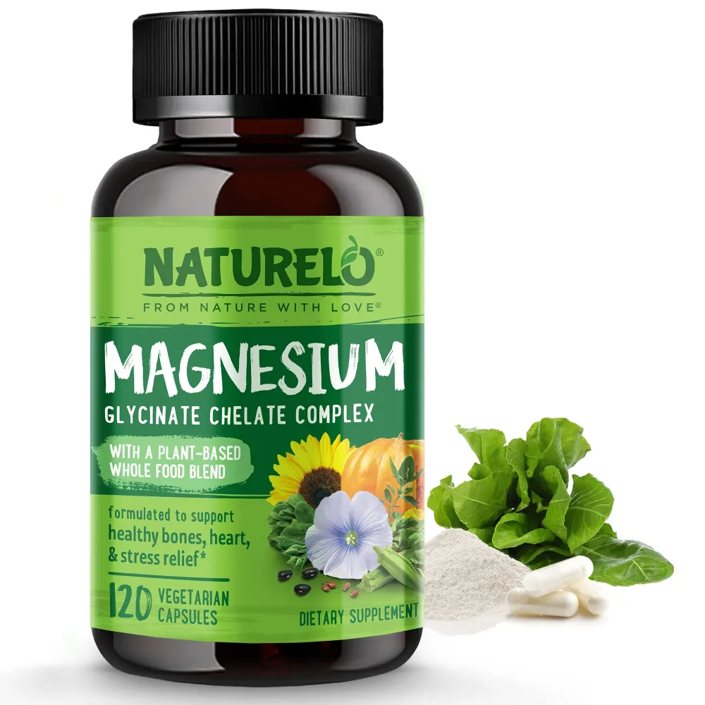NATURELO Magnesium Glycinate Chelate Complex - 200 mg Magnesium with Organic Vegetables to Support Sleep, Calm, Muscle Cramp & Stress Relief - Gluten Free, Non GMO - 120 Capsules NATURELO Magnesium Glycinate Chelate Complex - 200 mg Magnesium with Organic Vegetables to Support Sleep, Calm, Muscle Cramp & Stress Relief - Gluten Free, Non GMO - 120 Capsules