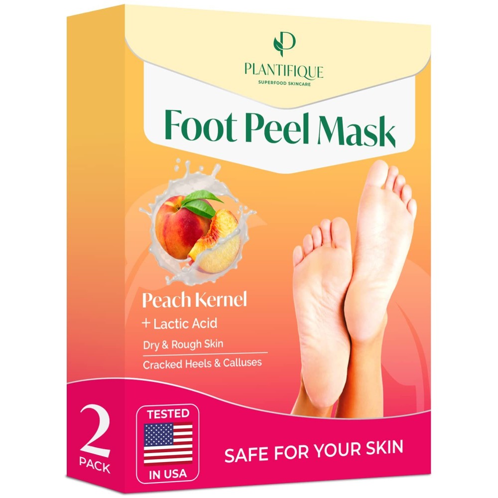 PLANTIFIQUE Foot Peeling Mask (2 Pairs) - Peeling Foot Mask Dermatologically Tested Repairs Heels & Removes Dry Dead Skin for Baby Soft Feet - Exfoliating Foot Peel Mask for Dry Cracked Feet (Peach) PLANTIFIQUE Foot Peeling Mask (2 Pairs) - Peeling Foot Mask Dermatologically Tested Repairs Heels & Removes Dry Dead Skin for Baby Soft Feet - Exfoliating Foot Peel Mask for Dry Cracked Feet (Peach)