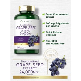 Carlyle Grape Seed Extract 24,000 mg Equivalent 240 Capsules | Maximum Strength Standardized Extract | Non-GMO, Gluten Free