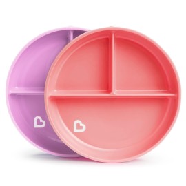 Munchkin Stay Put Suction Plates for Baby and Toddler, 3 Divided Sections , Pink/Purple